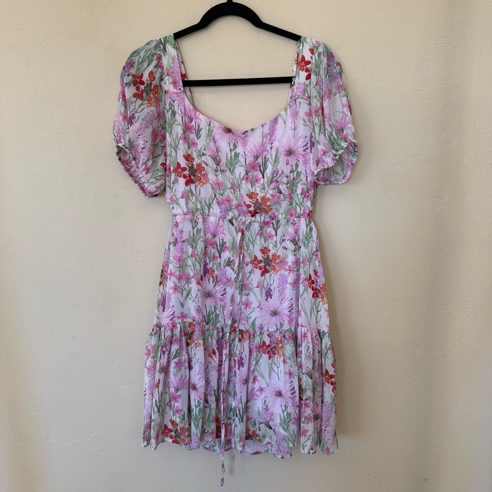 Pink Floral Mini Dress Puff Sleeve Cut Out Taylor Size 10 Romantic - Picture 3 of 6